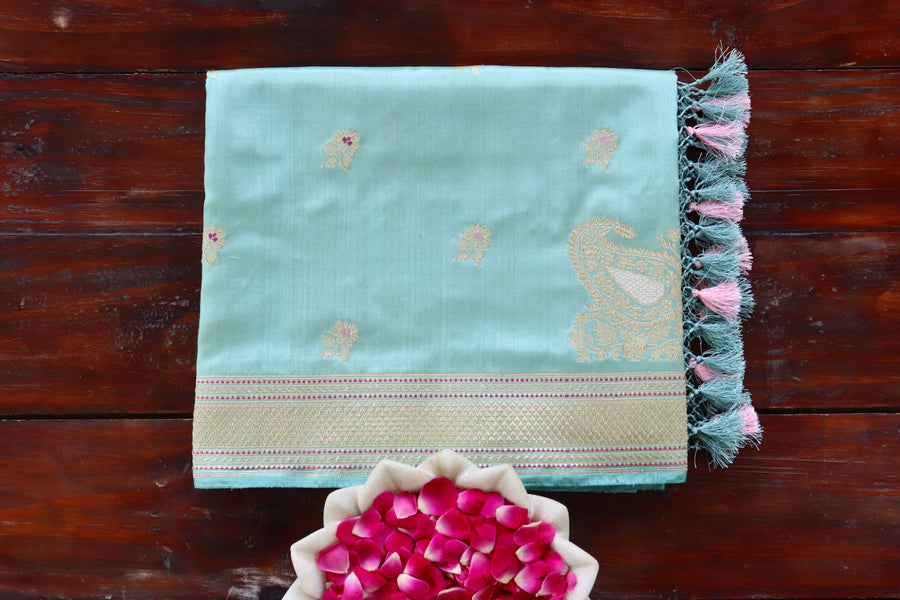 Sky Blue pure silk Banarasi saree with thread-by-thread motifs, draped for the camera.