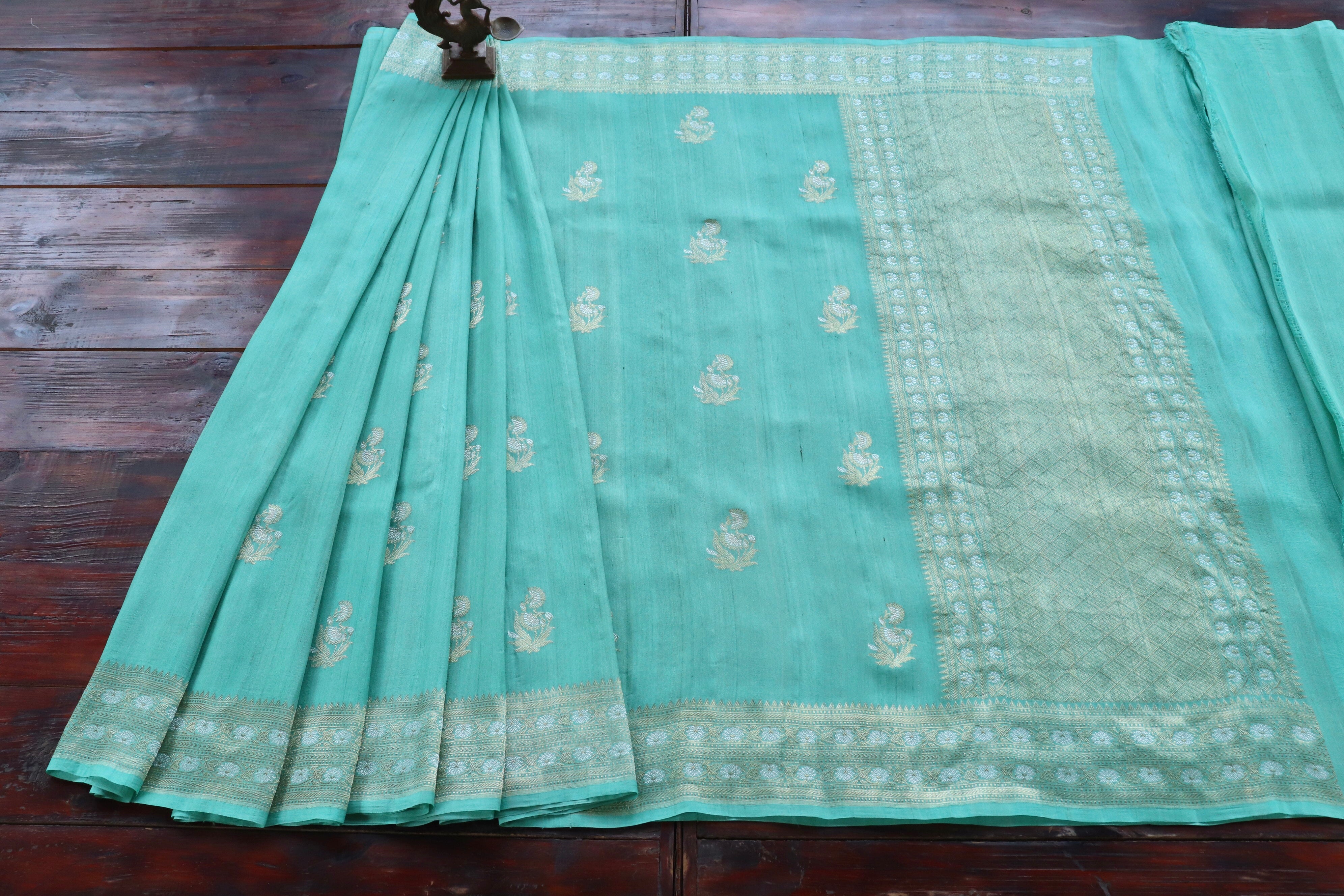 Sea Green Guldasta Motif Handwoven Tussar Silk Saree