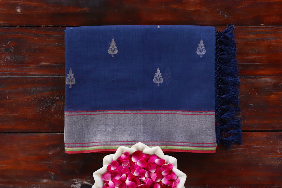 Blue handloom Banarsi saree with kadhua motifs in cotton