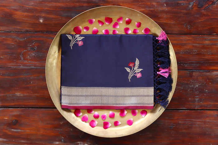 Navy Blue Leaf pure Katan silk Banarasi dupatta with thread-by-thread motifs.