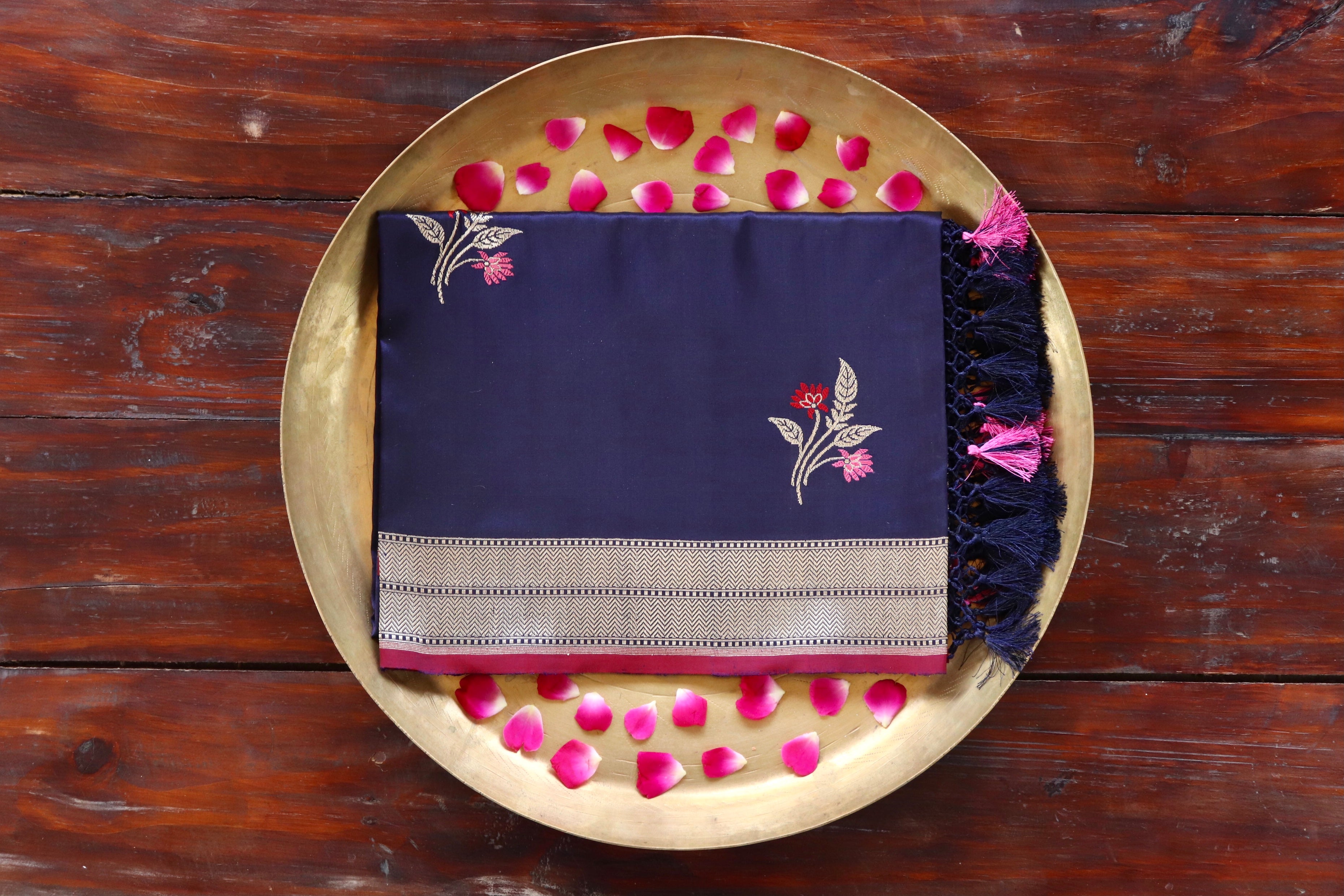 Navy Blue Leaf pure Katan silk Banarasi dupatta with thread-by-thread motifs.