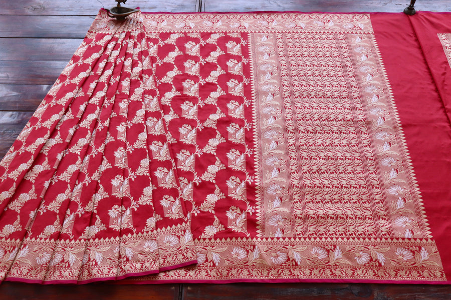 Classic Red Pure Silk Handloom Banarasi Phool Jangla Saree