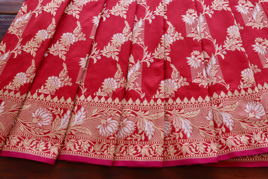 Classic Red Pure Silk Handloom Banarasi Phool Jangla Saree