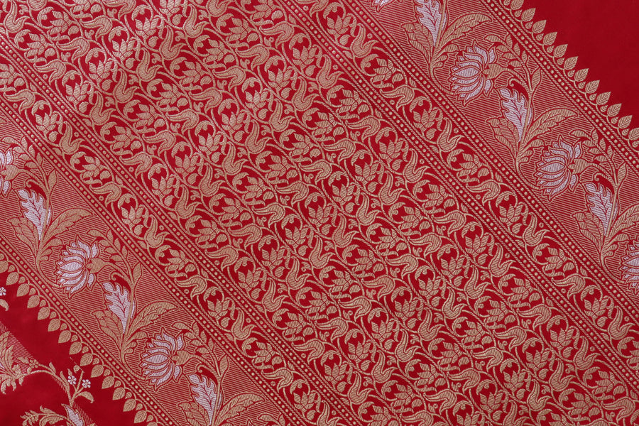Classic Red Pure Silk Handloom Banarasi Phool Jangla Saree