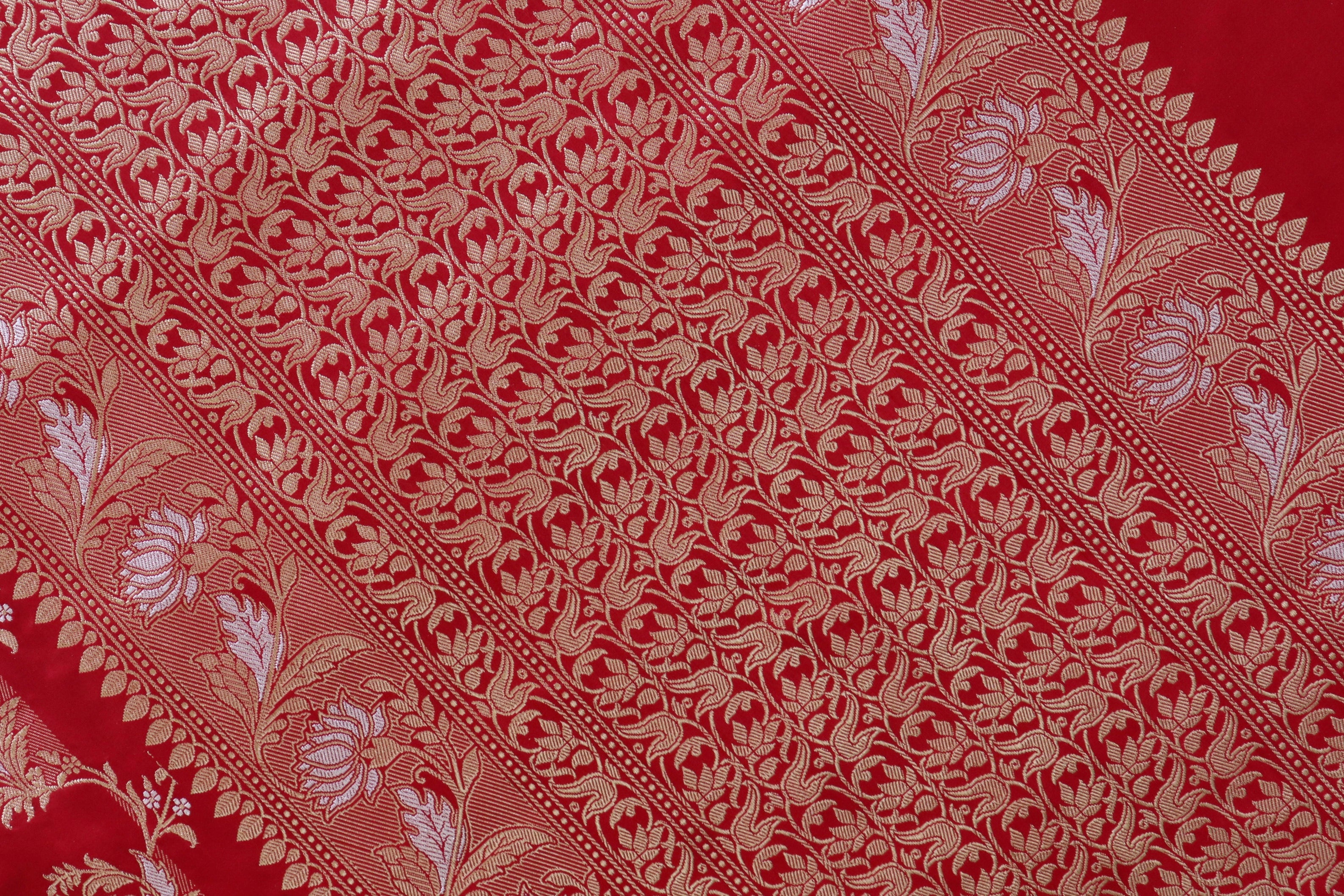 Classic Red Pure Silk Handloom Banarasi Phool Jangla Saree