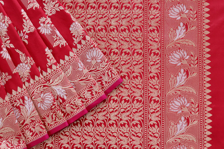Classic Red Pure Silk Handloom Banarasi Phool Jangla Saree