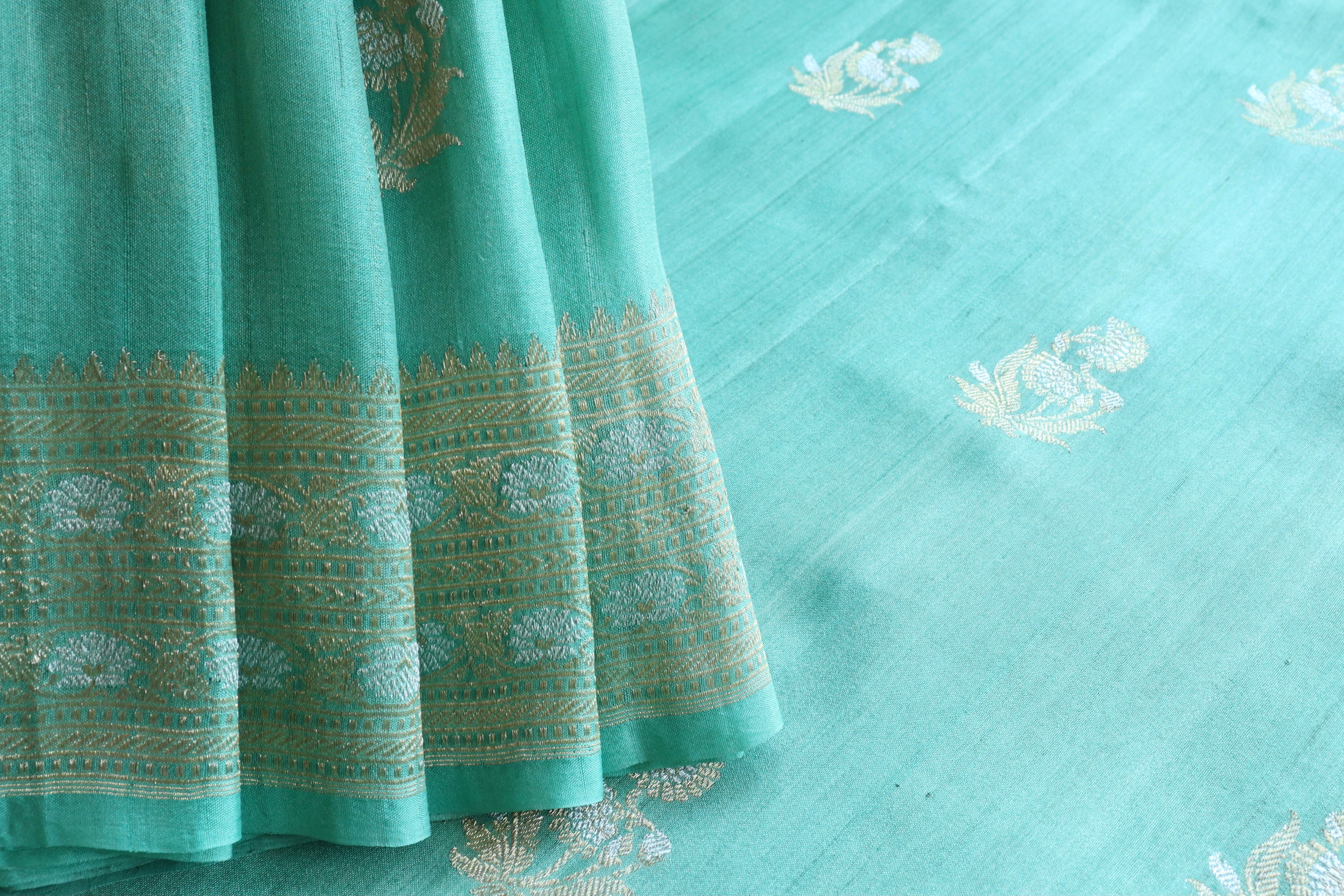 Sea Green Guldasta Motif Handwoven Tussar Silk Saree