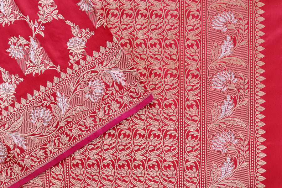 Classic Red Pure Silk Handloom Banarasi Phool Jangla Saree