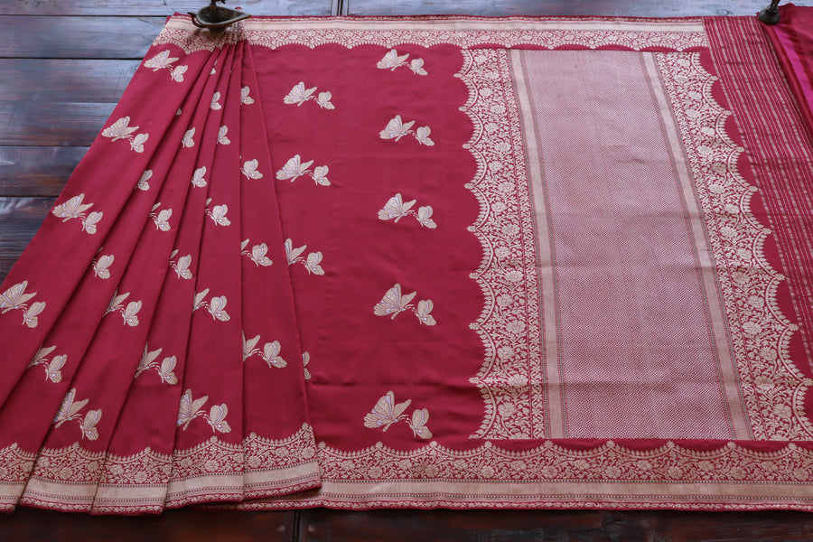 Deep Red Butterfly Motif Pure Silk Handloom Banarasi Saree