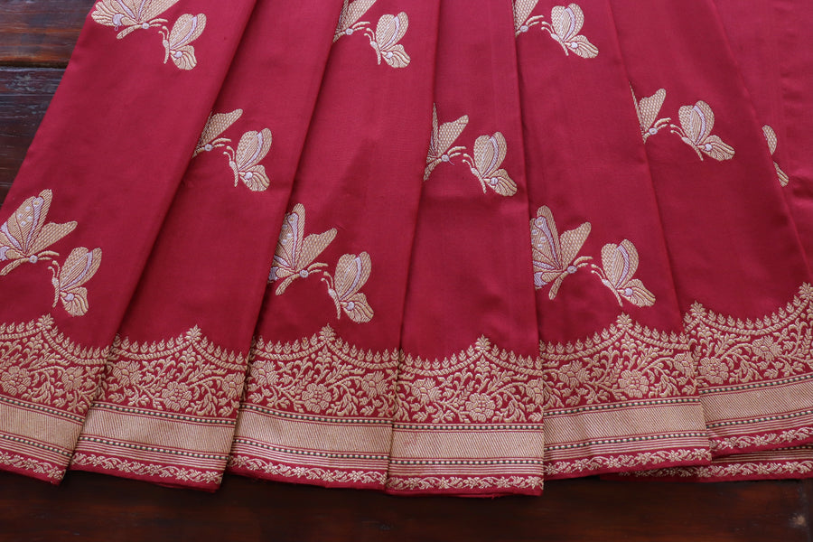 Deep Red Butterfly Motif Pure Silk Handloom Banarasi Saree