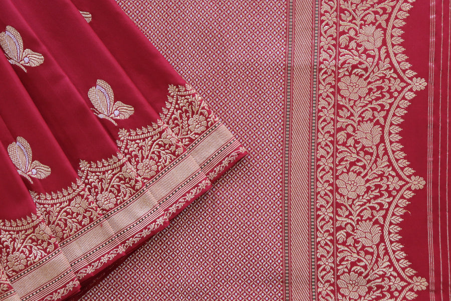 Deep Red Butterfly Motif Pure Silk Handloom Banarasi Saree