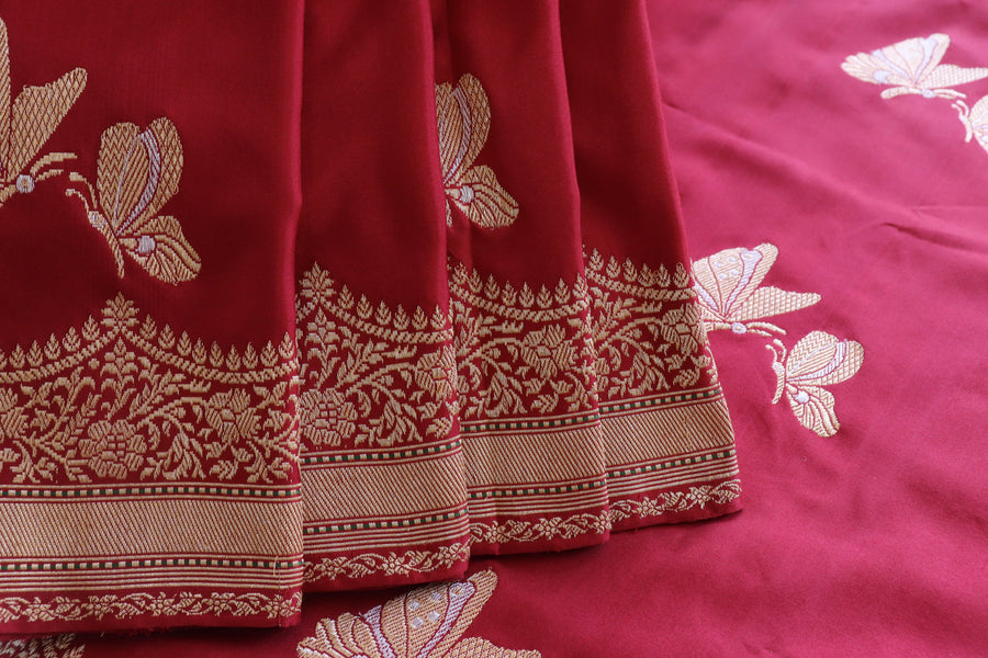 Deep Red Butterfly Motif Pure Silk Handloom Banarasi Saree