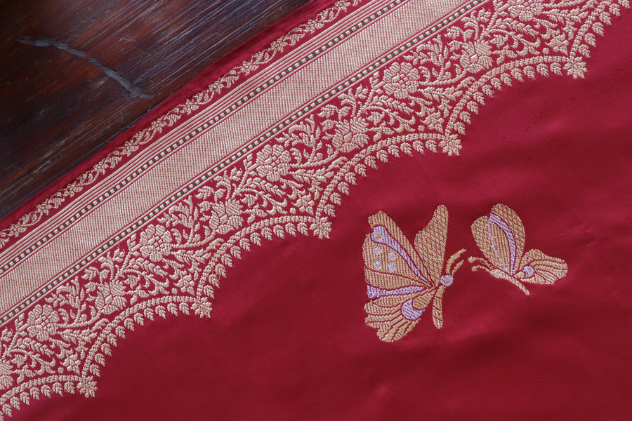 Deep Red Butterfly Motif Pure Silk Handloom Banarasi Saree