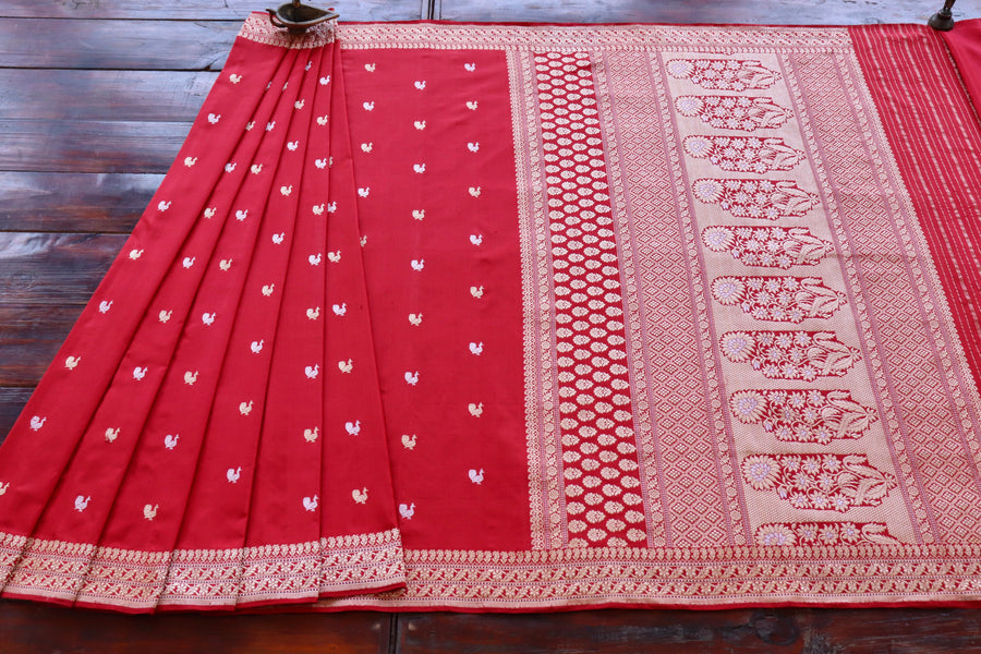 Red Peacock Motif Pure Silk Banarasi Saree | Stuti Weaves