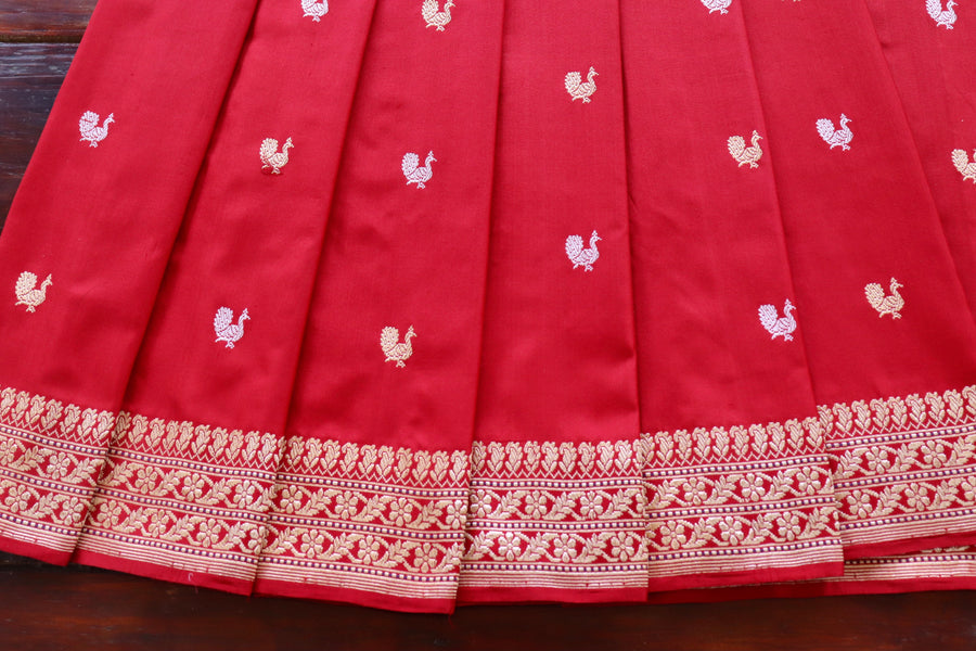 Red Peacock Motif Pure Silk Banarasi Saree | Stuti Weaves