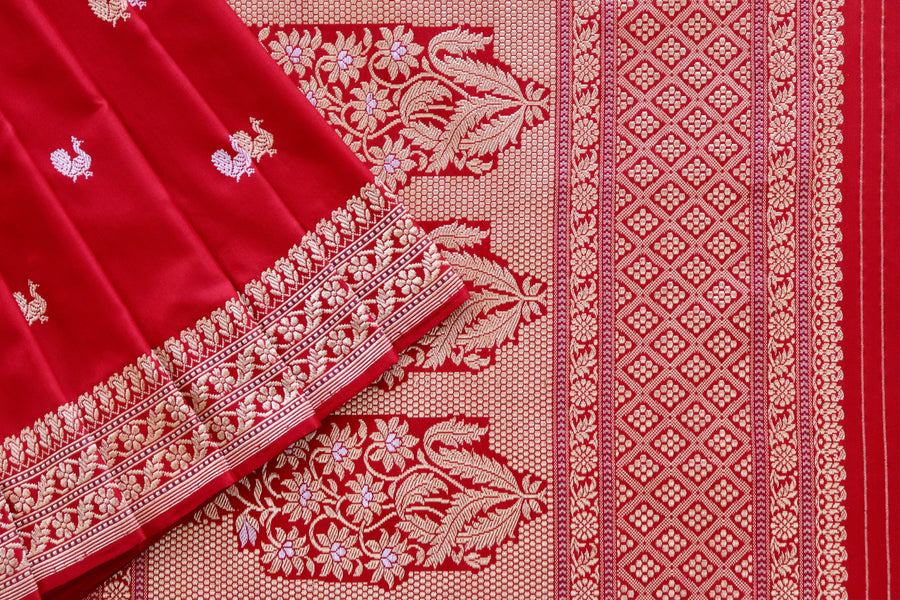 Red Peacock Motif Pure Silk Banarasi Saree | Stuti Weaves