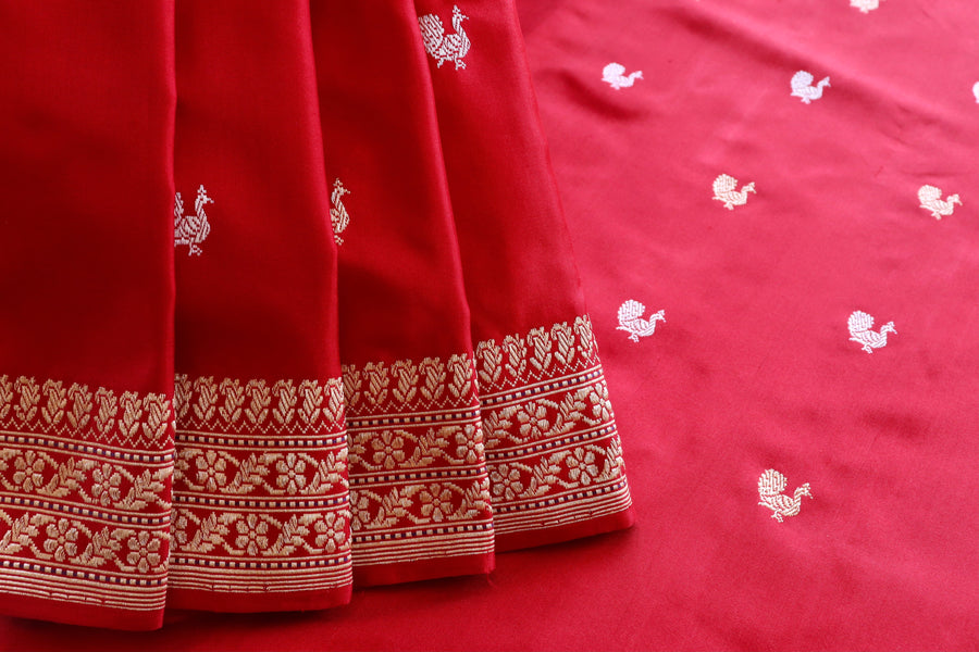 Red Peacock Motif Pure Silk Banarasi Saree | Stuti Weaves