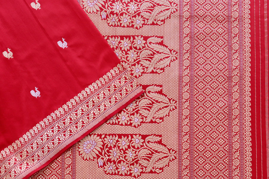 Red Peacock Motif Pure Silk Banarasi Saree | Stuti Weaves