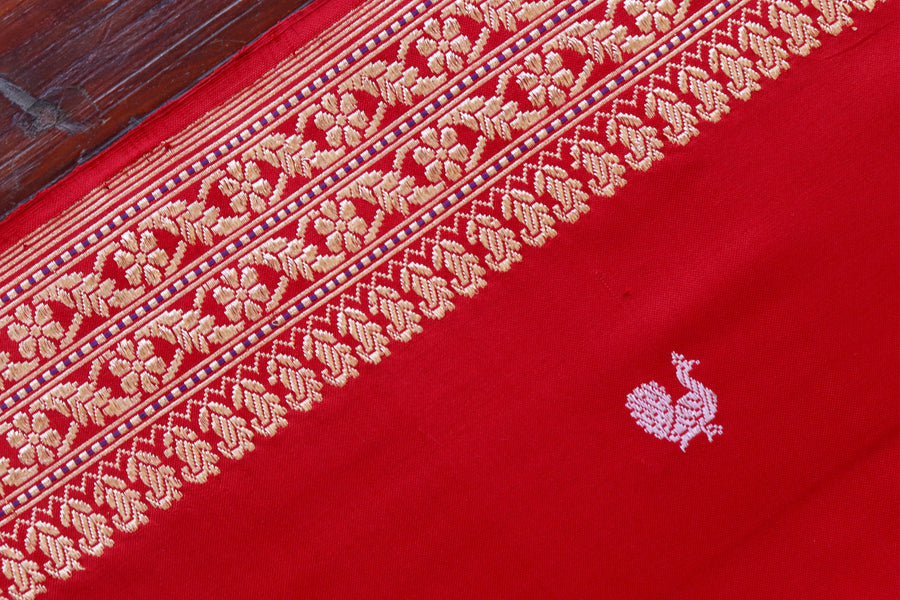 Red Peacock Motif Pure Silk Banarasi Saree | Stuti Weaves