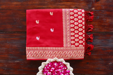 Red handloom Banarsi saree with peacock motifs in pure silk