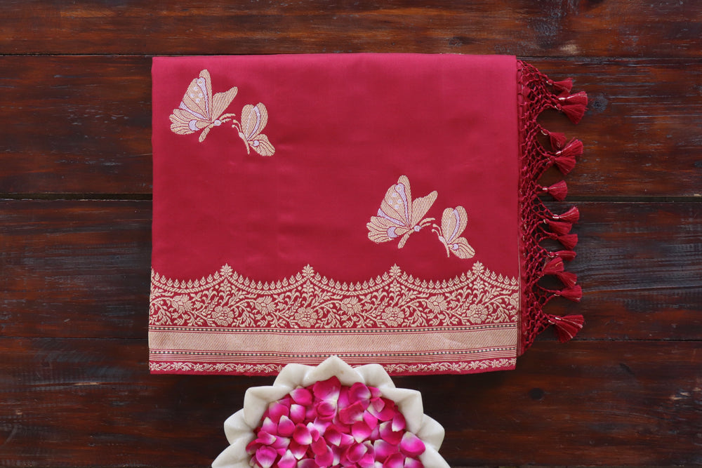 Deep Red handloom Banarsi saree with butterfly motifs in pure silk
