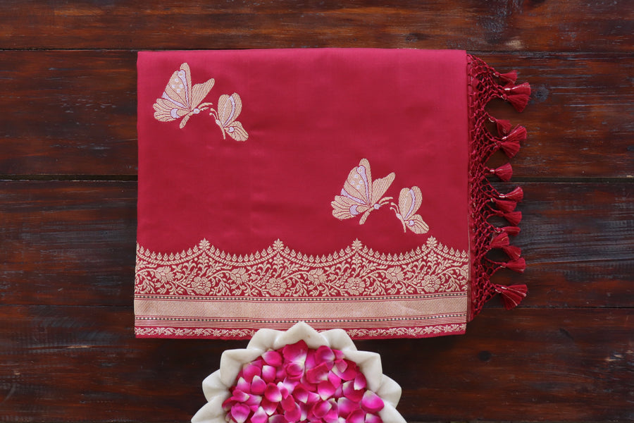 Deep Red handloom Banarsi saree with butterfly motifs in pure silk