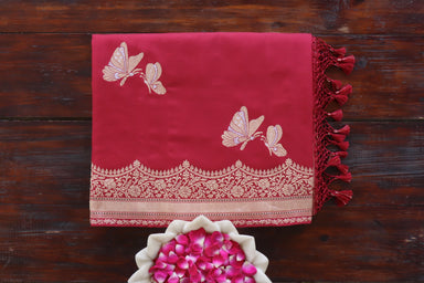 Deep Red handloom Banarsi saree with butterfly motifs in pure silk