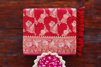 Classic Red handloom Banarsi saree with jangla motifs in pure silk