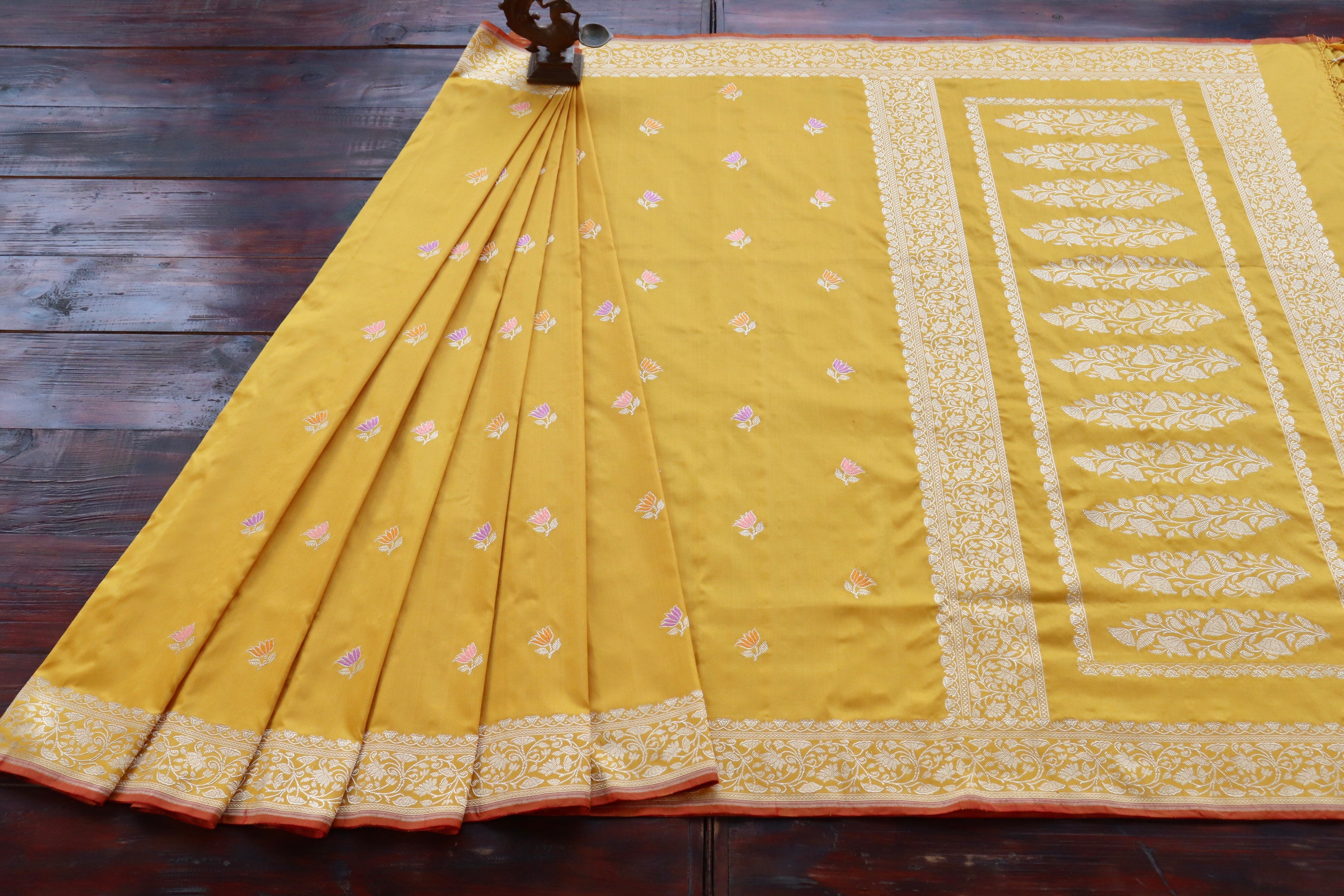 Yellow Lotus Motif Pure Katan Silk Handloom Banarasi Saree