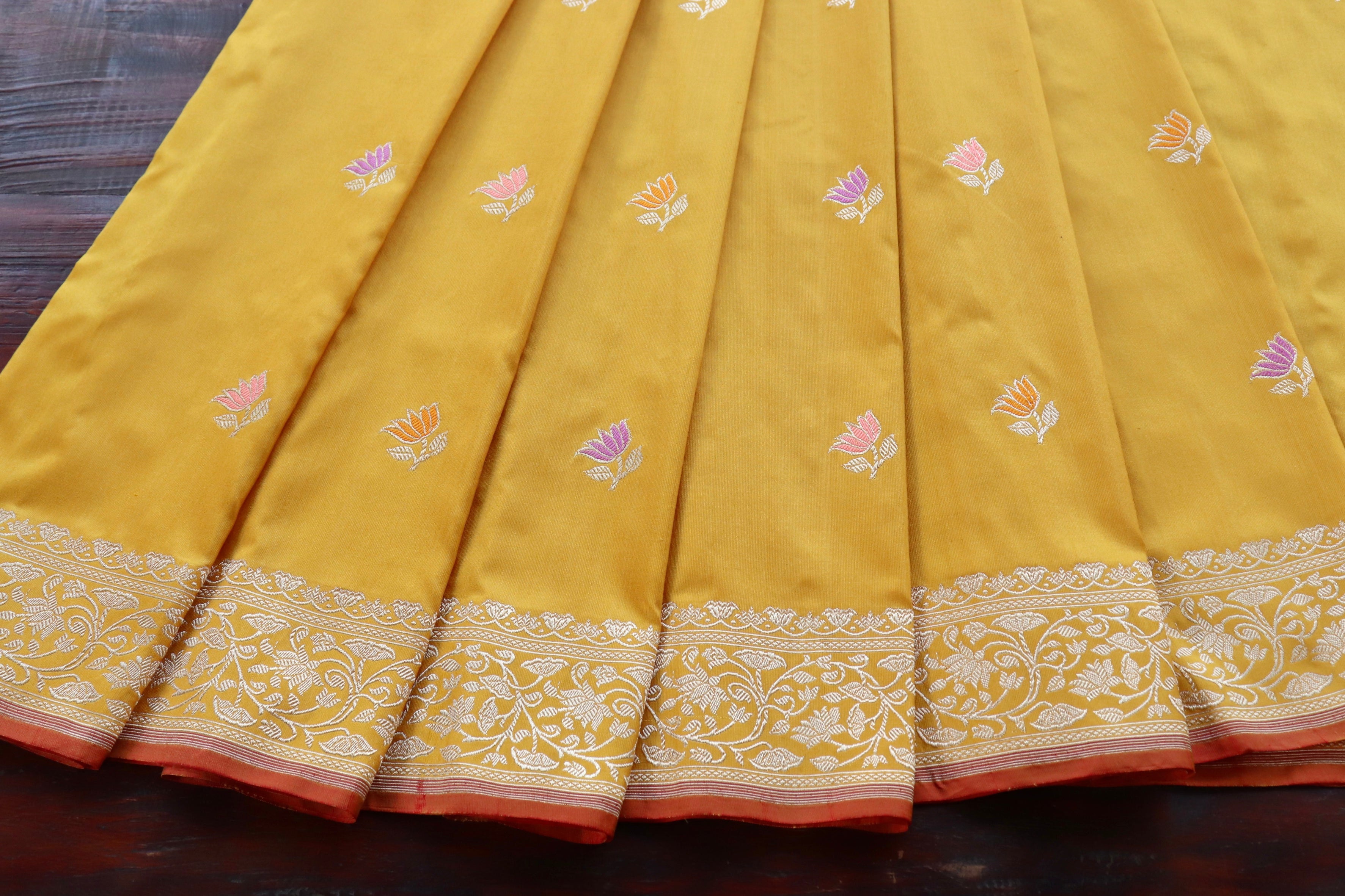 Yellow Lotus Motif Pure Katan Silk Handloom Banarasi Saree