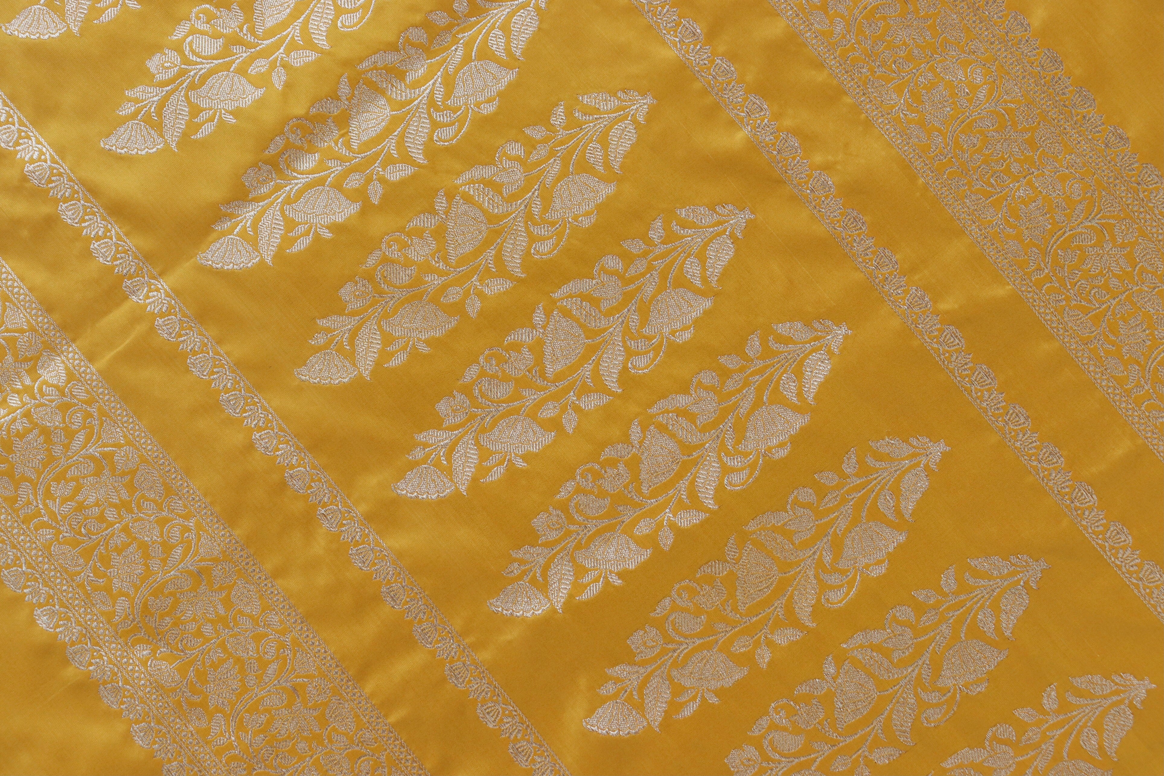 Yellow Lotus Motif Pure Katan Silk Handloom Banarasi Saree