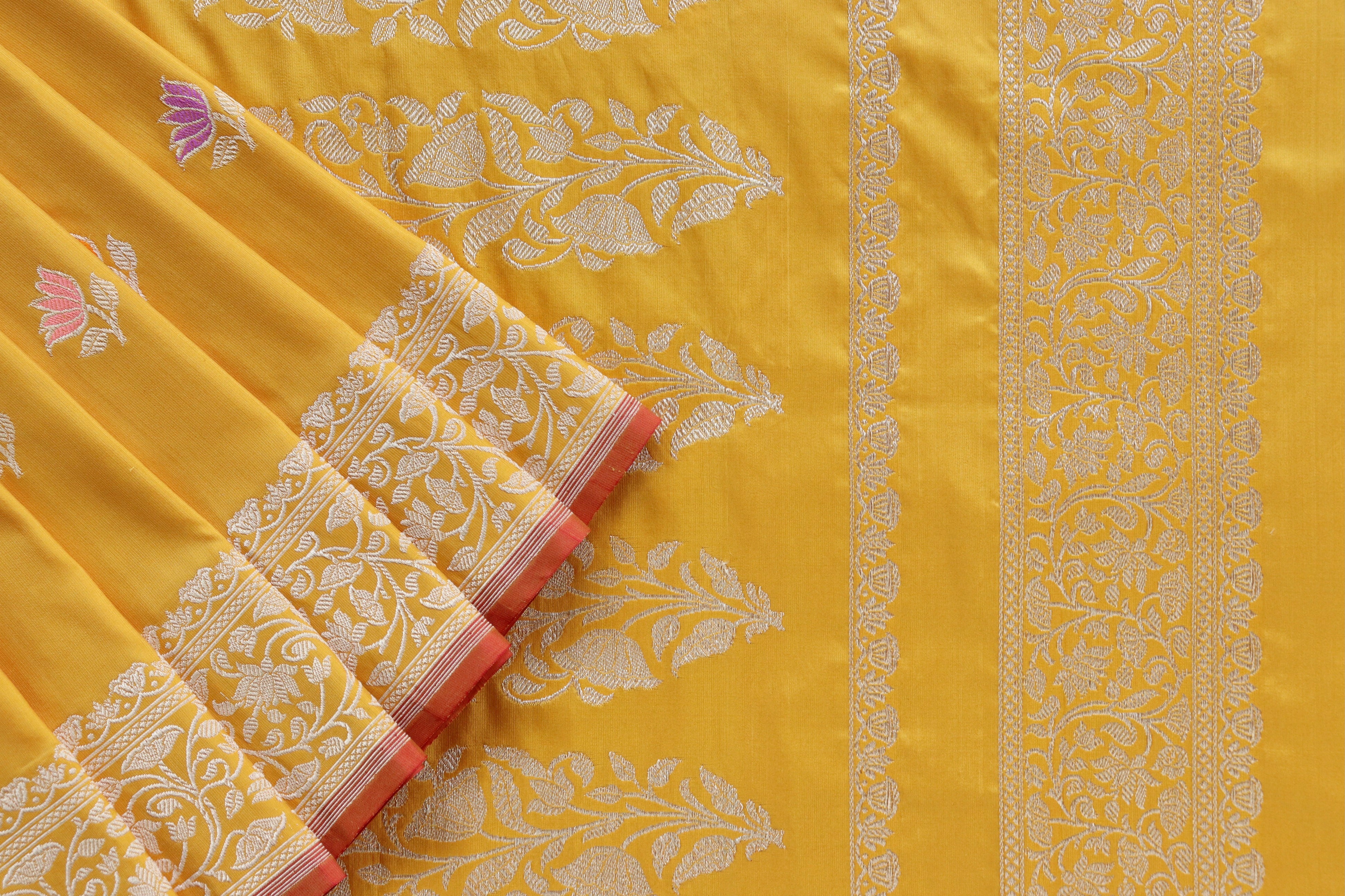 Yellow Lotus Motif Pure Katan Silk Handloom Banarasi Saree