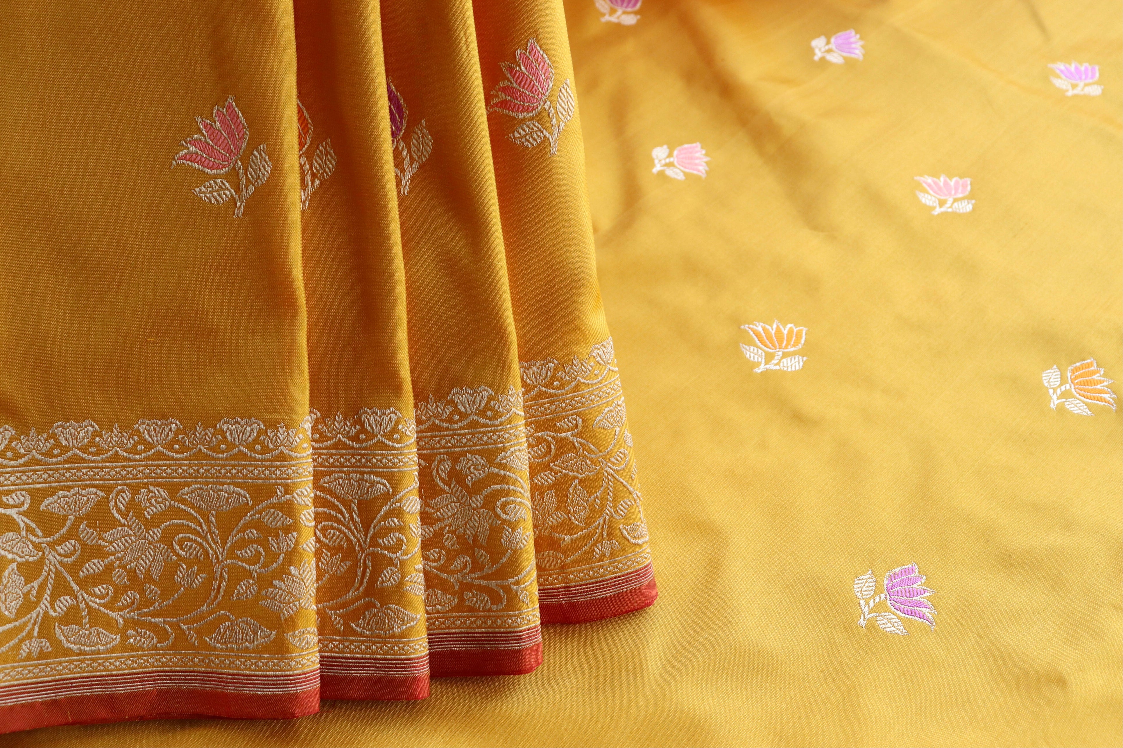 Yellow Lotus Motif Pure Katan Silk Handloom Banarasi Saree