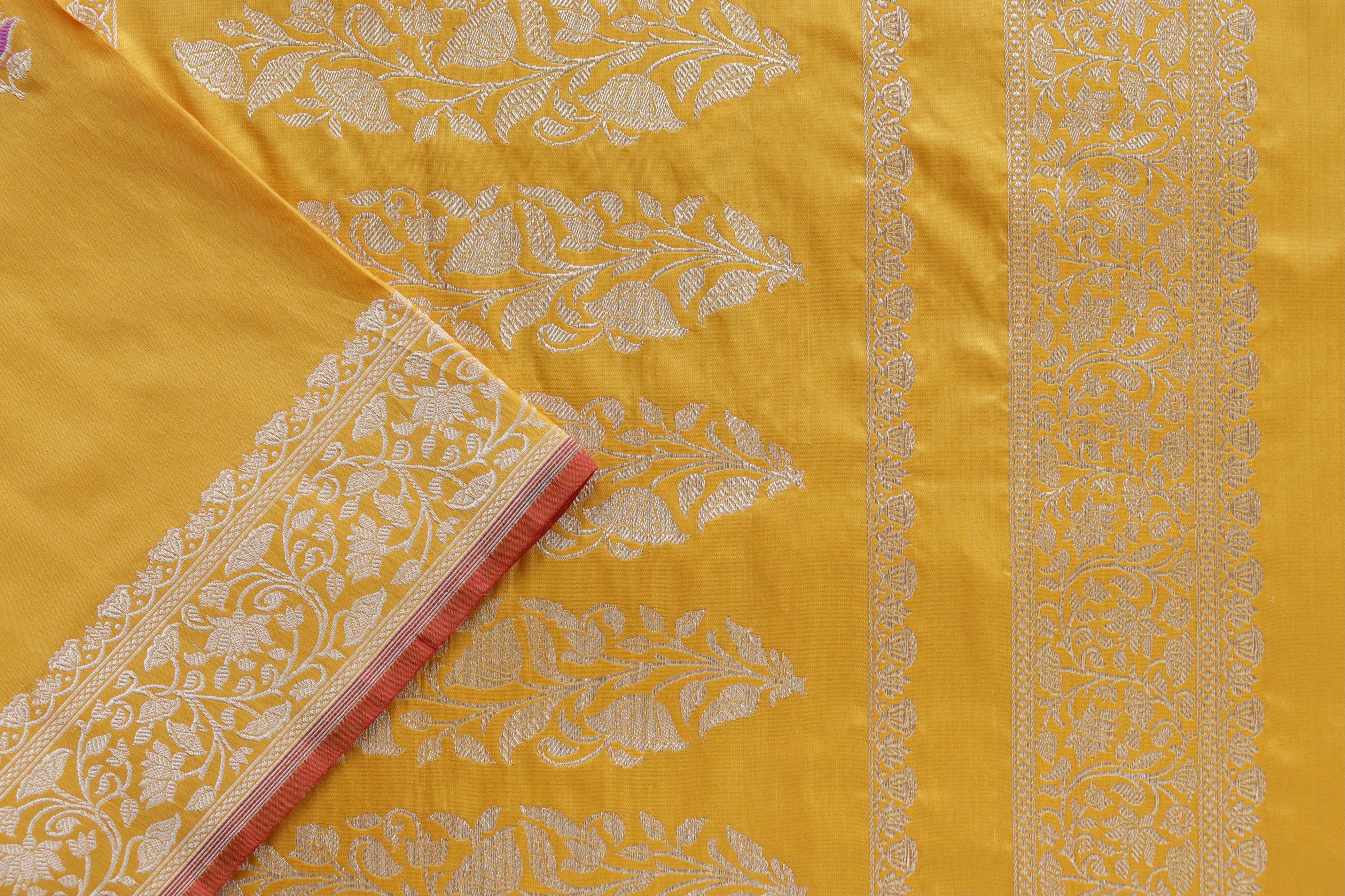 Yellow Lotus Motif Pure Katan Silk Handloom Banarasi Saree