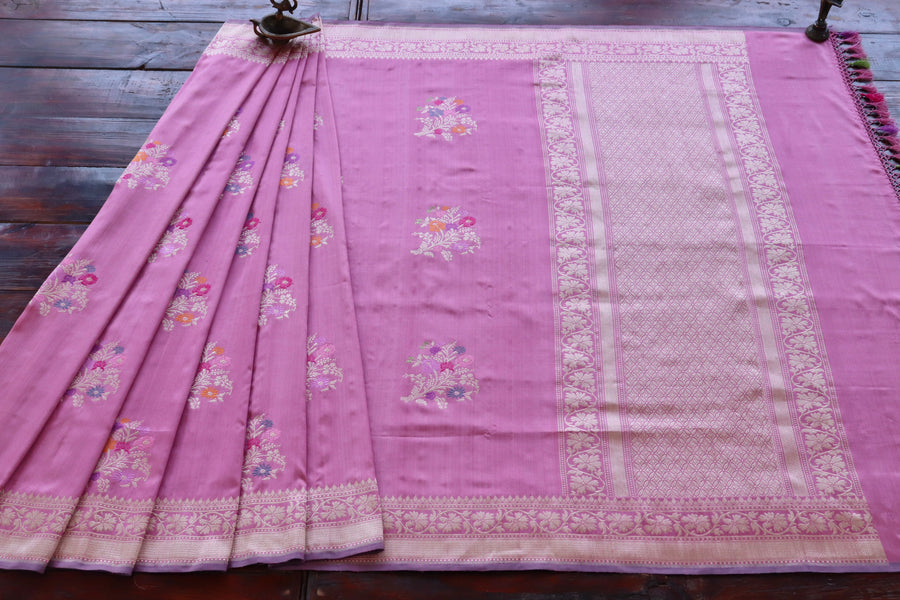 Taffy Pink Guldasta Motif Pure Katan Silk Handloom Saree