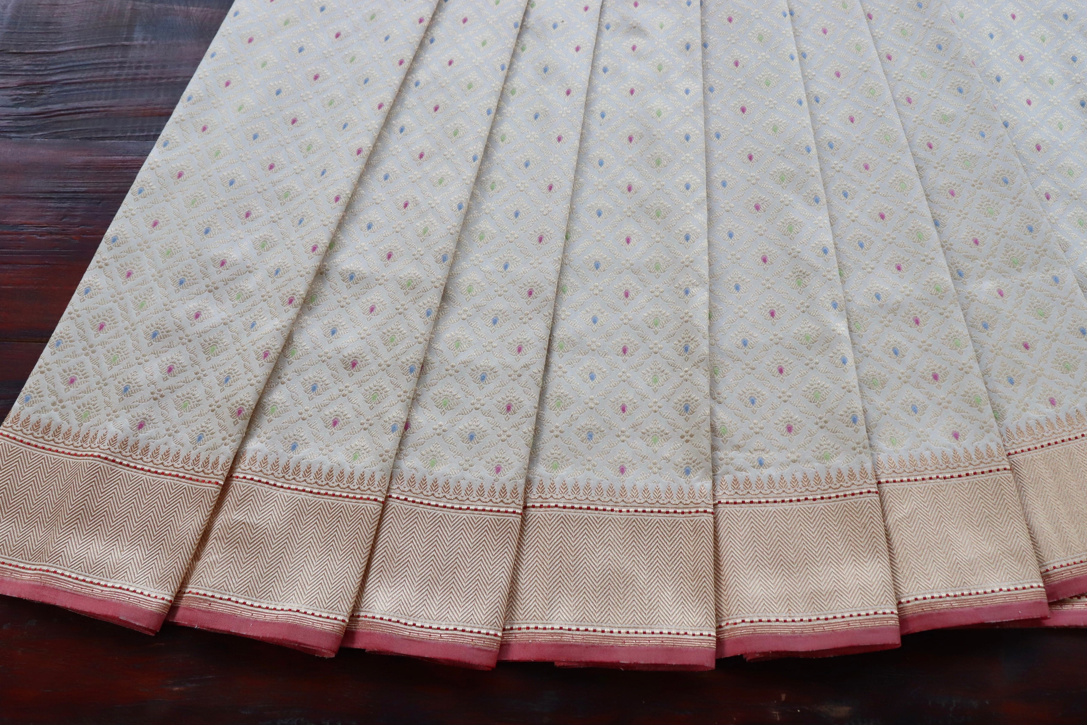 Ivory Meenadar Handwoven Banarasi Tanchoi Silk Saree