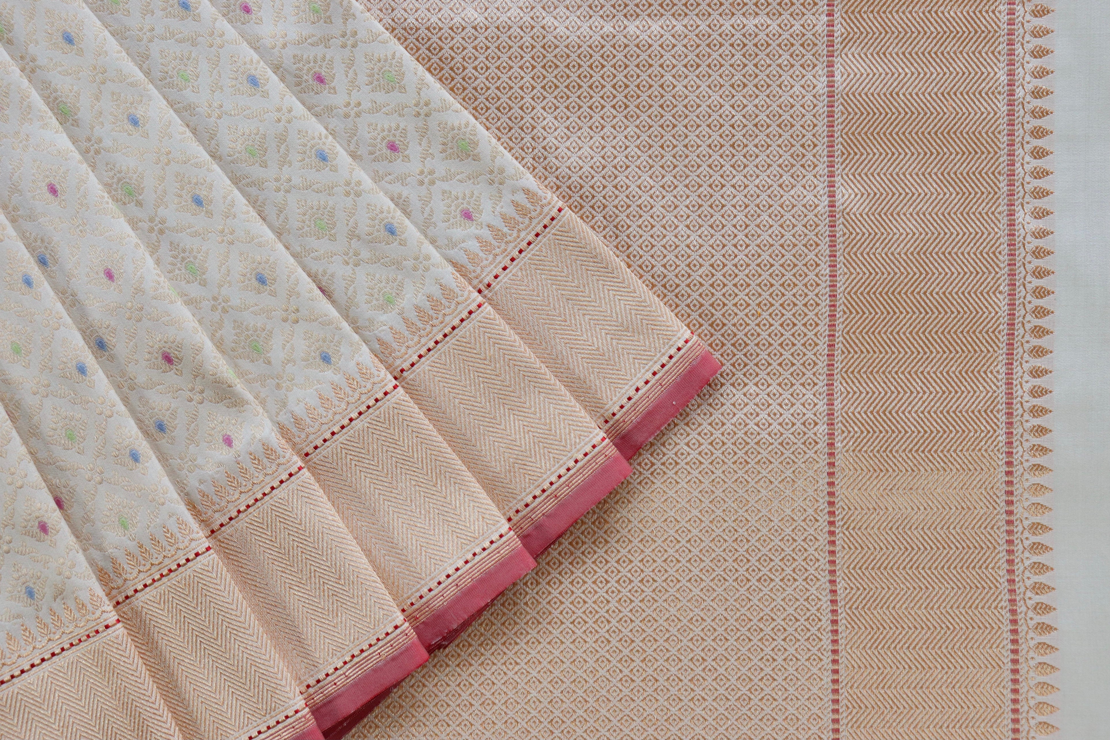 Ivory Meenadar Handwoven Banarasi Tanchoi Silk Saree