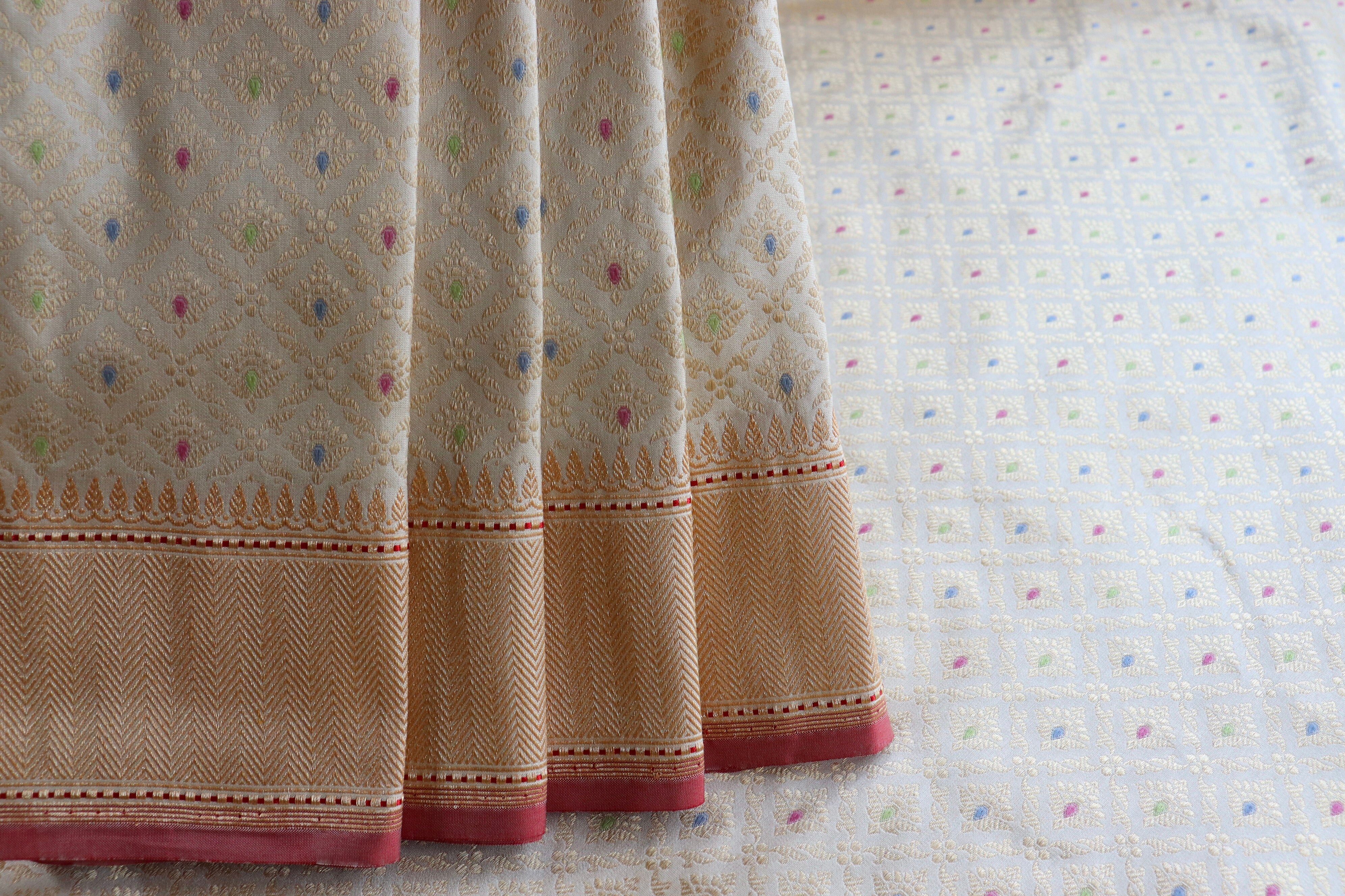 Ivory Meenadar Handwoven Banarasi Tanchoi Silk Saree