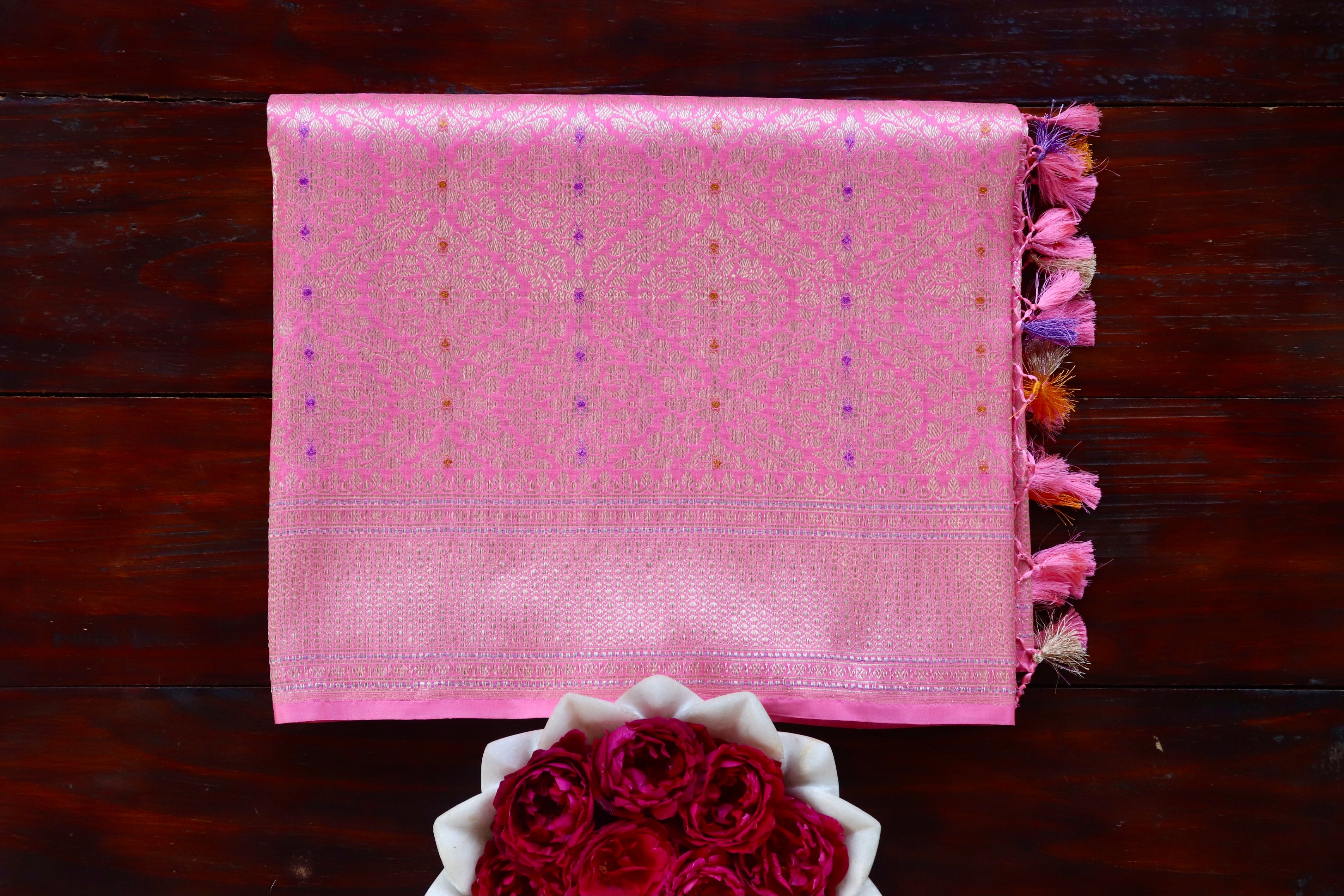 Pink Meenadar Tanchoi Pure Silk Handloom Banarasi Saree