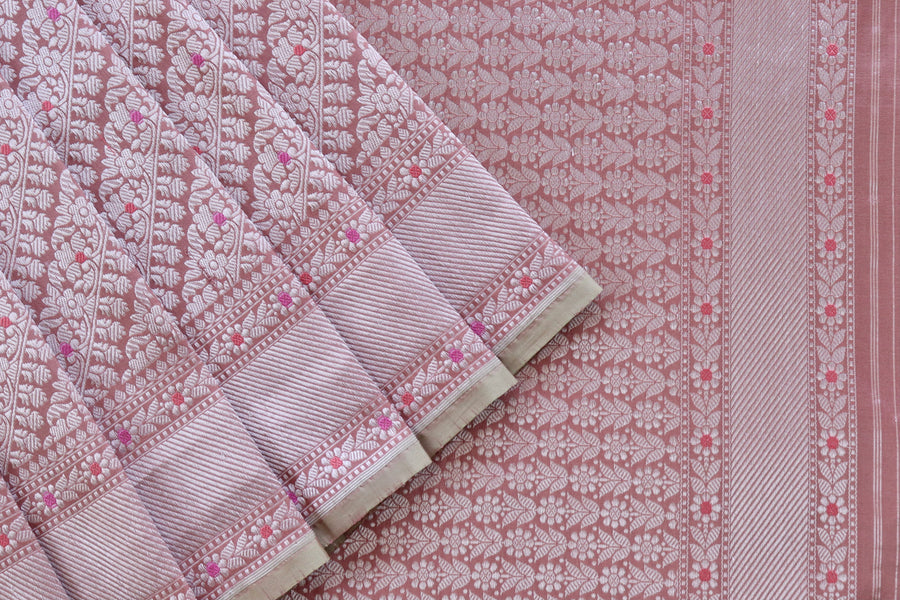 Powder Pink Meenadar Adda Tanchoi Pure Silk Handloom Banarasi Saree