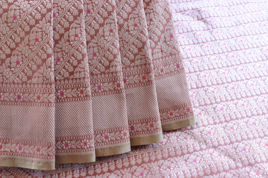 Powder Pink Meenadar Adda Tanchoi Pure Silk Handloom Banarasi Saree