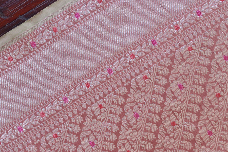 Powder Pink Meenadar Adda Tanchoi Pure Silk Handloom Banarasi Saree