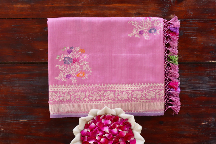 Taffy Pink Guldasta pure silk Banarasi saree with thread-by-thread motifs, draped for the camera.
