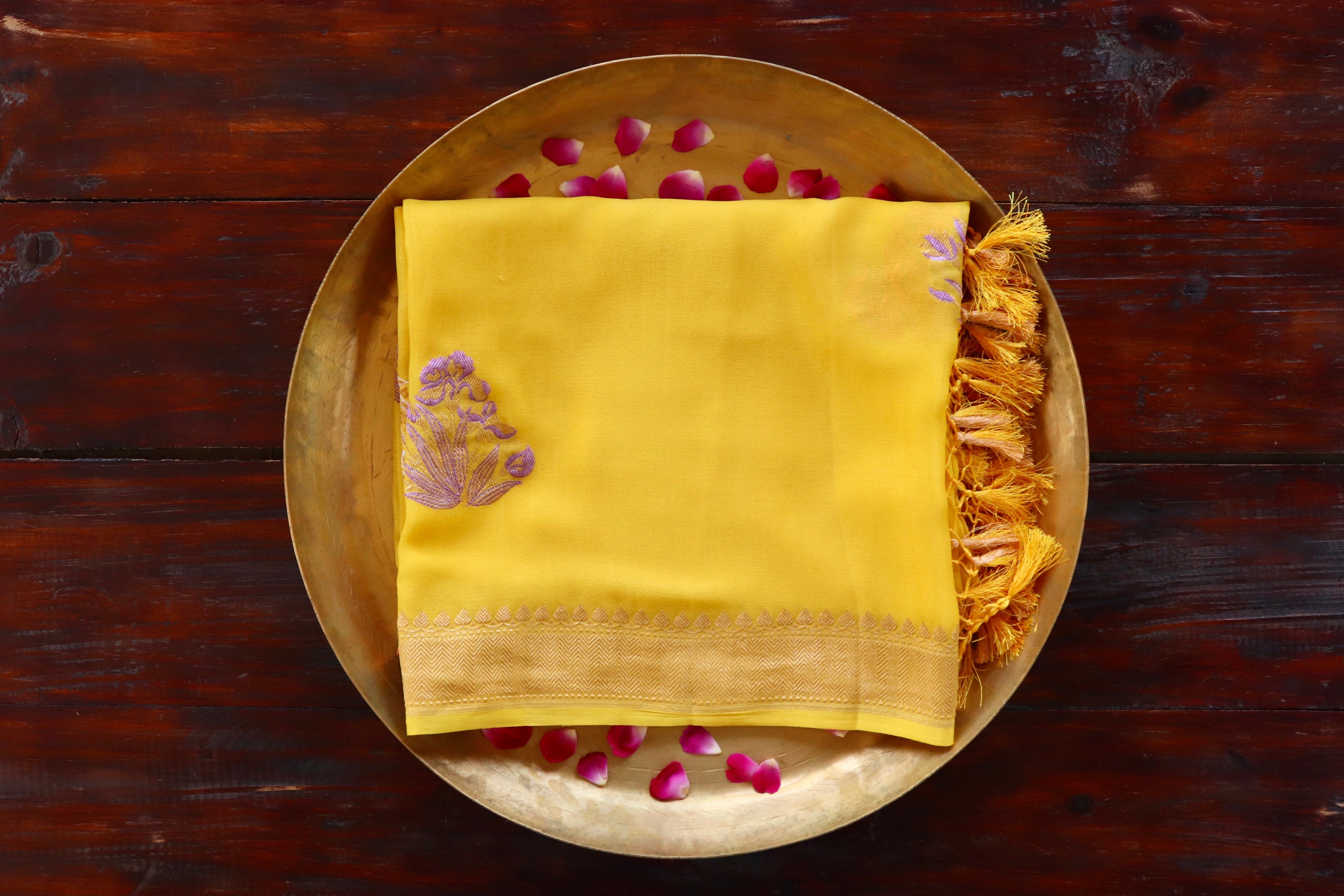 Yellow Georgette silk Banarasi dupatta with meenakari motifs in coloured silk and zari.