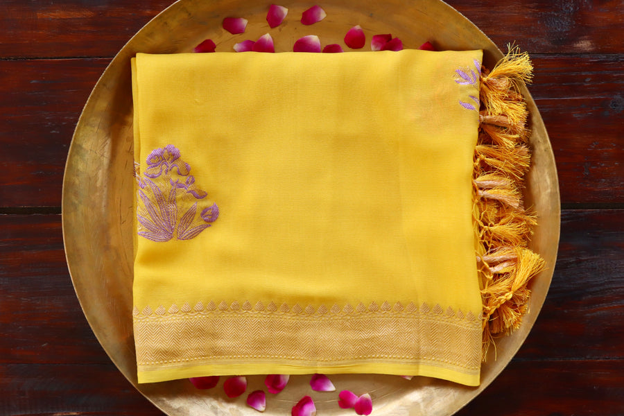 Yellow Kadhua Meenadar Georgette Silk Handloom Dupatta