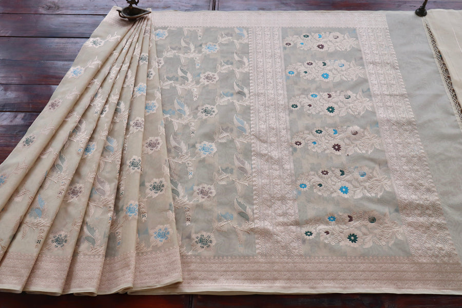 Ivory Kadhua Kora Jangla Handwoven Saree