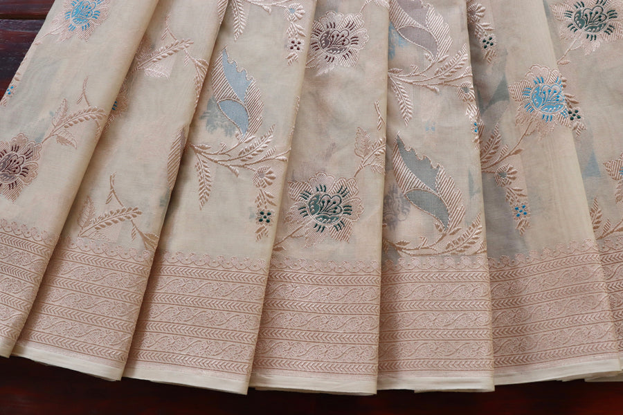 Ivory Kadhua Kora Jangla Handwoven Saree
