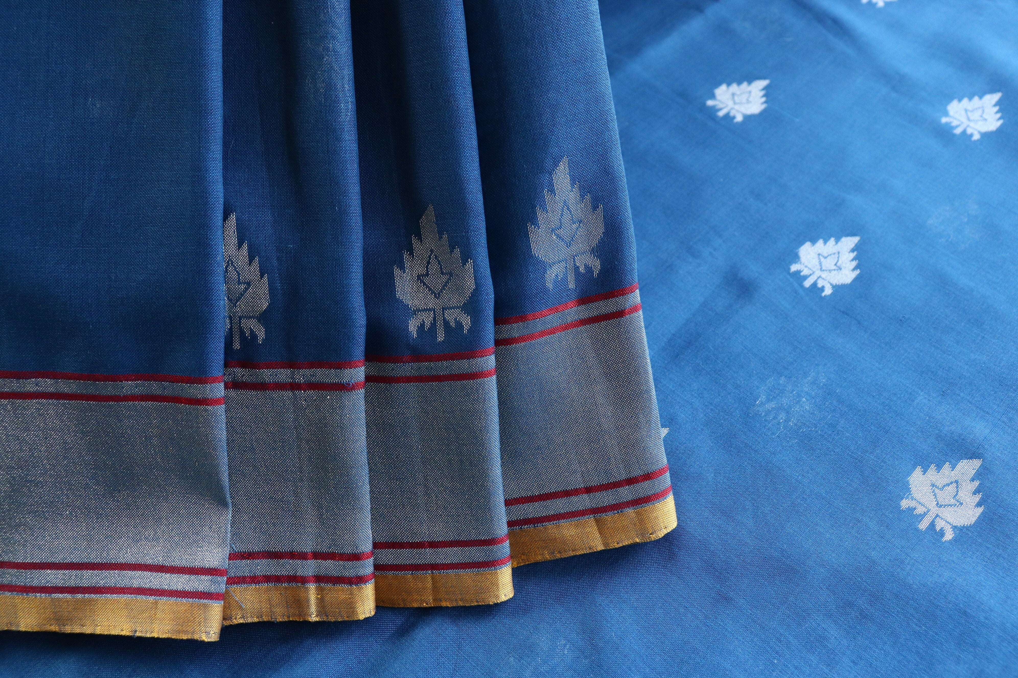 Indigo Kadhua Pure Cotton Handwoven Saree