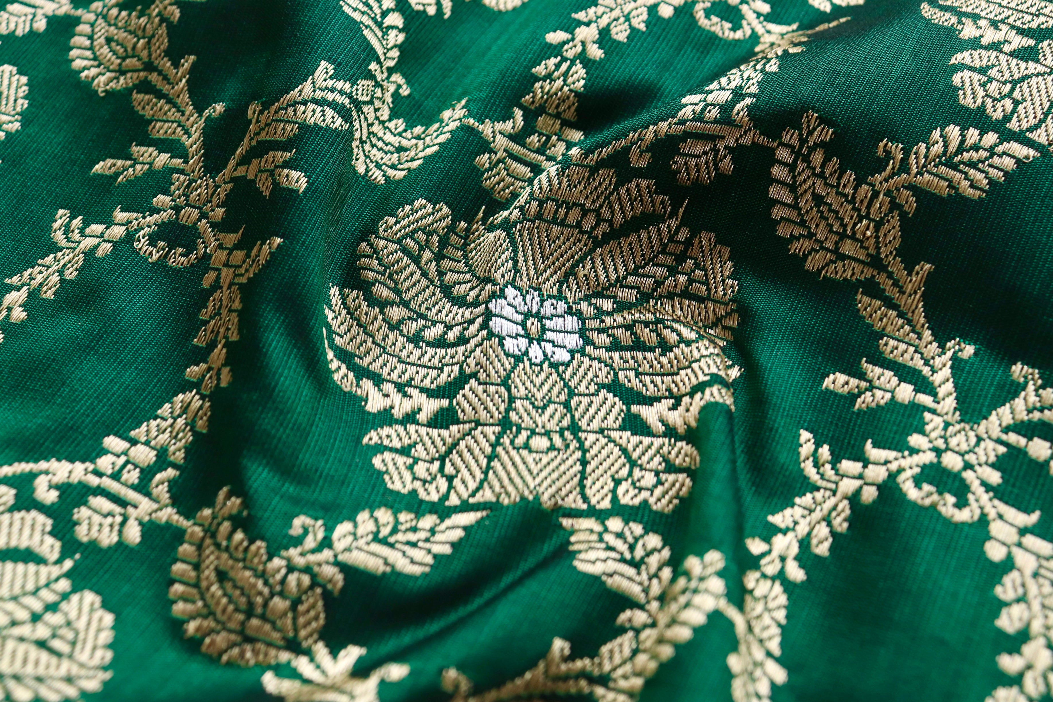 Forest Green Jangla Pure Silk Handloom Banarasi Saree