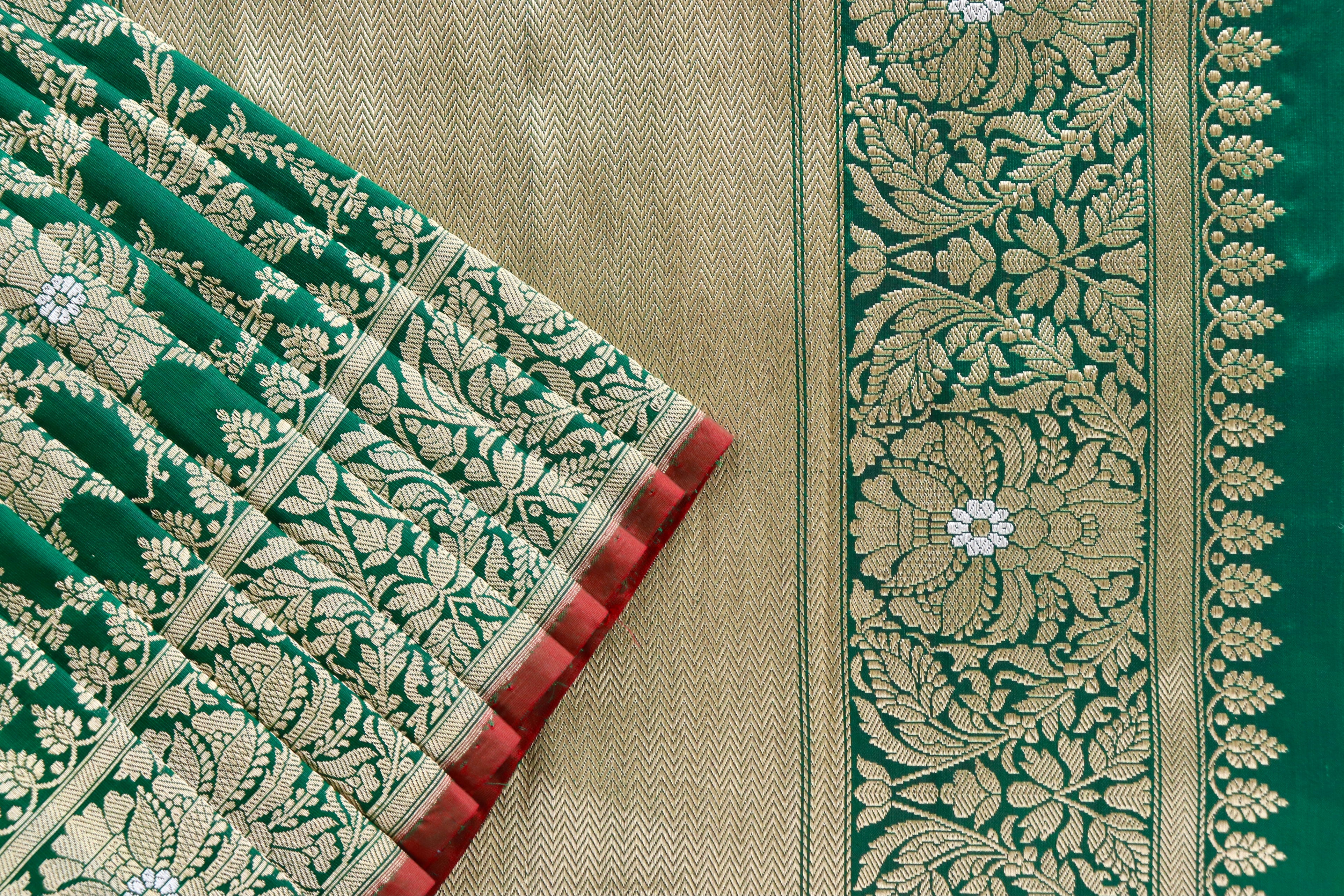 Forest Green Jangla Pure Silk Handloom Banarasi Saree